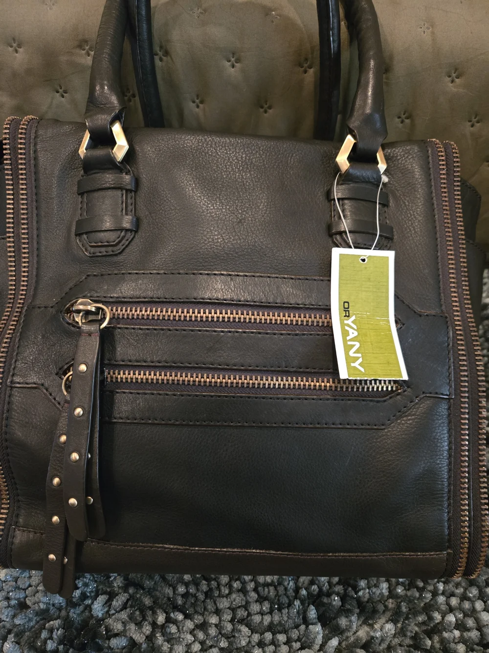 orYANY Black Leather Satchel with Brass-Tone Zipper & Brown Accents. Excellent